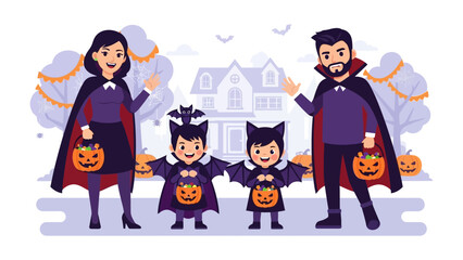 Spooky Halloween Family Costume: A heartwarming scene of a family of five, donned in whimsical costumes and ready to celebrate the spookiest time of year. Their festive attire.