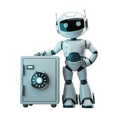 adorable compact finance robot standing beside secure safe box representing financial security and banking isolated on transparent background