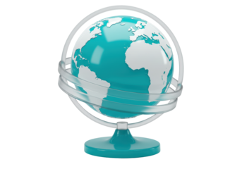 Isolated globe model with translucent rings and base, detailed world map, teaching aid