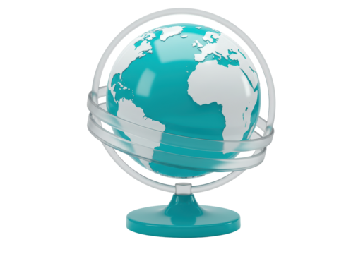 Isolated globe model with translucent rings and base, detailed world map, teaching aid