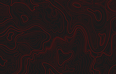 Abstract black and red pattern imitating a topographic map. Red contour lines, minimalism, and geometry. For backgrounds, design, posters, packaging, and modern decorative projects.