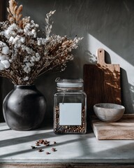 Jar of peppercorns with black vase and dried flowers | Natural light rustic kitchen decor | Organic cooking ingredients aesthetic | Product branding background
