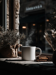 Steaming coffee mug on windowsill | Warm rustic morning scene with cinnamon sticks and herbs | Cozy autumn aesthetic | Beverage branding mockup