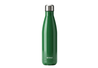 Isolated green stainless steel water bottle with metal cap, fitness hydration container