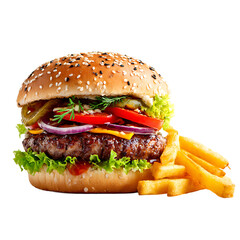 Delicious burger with fries featuring a juicy patty fresh toppings and a sesame seed bun for a delightful culinary experience