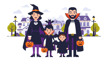 Halloween Family in Costume: A cheerful family, decked out in festive Halloween costumes, stands ready for trick-or-treating.