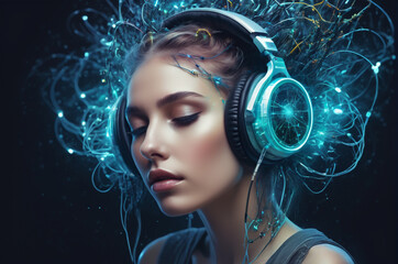 Neural Harmony, Futuristic Girl with Cybernetic Headphones. Generative AI.