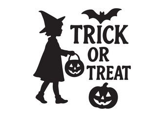 trick or treat logo silhouette vector, trick or treat lettering vector silhouette illustration, children in halloween go trick or treating logo silhouettes vector on white background. 