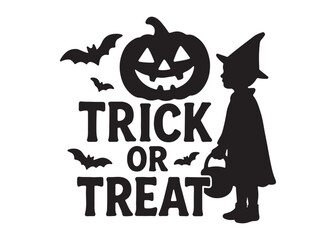 trick or treat logo silhouette vector, trick or treat lettering vector silhouette illustration, children in halloween go trick or treating logo silhouettes vector on white background. 