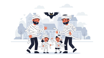 Family Halloween Fun: A whimsical Halloween scene with a family dressed as mummies playfully interacting in a festive neighborhood, with bats flying around and building at background.
