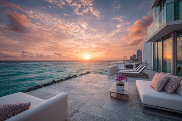 Luxury balcony overlooking ocean sunrise