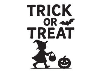 trick or treat logo silhouette vector, trick or treat lettering vector silhouette illustration, children in halloween go trick or treating logo silhouettes vector on white background. 