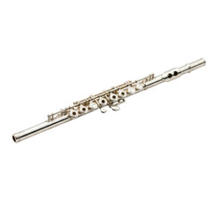 Obraz premium A detailed silver concert flute with intricate keys and a shiny metallic finish isolated on transparent background