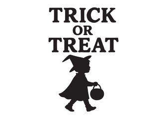 trick or treat logo silhouette vector, trick or treat lettering vector silhouette illustration, children in halloween go trick or treating logo silhouettes vector on white background. 