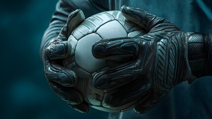 Goalkeeper's gloved hands firmly grip the soccer ball ready for action in the intense competition