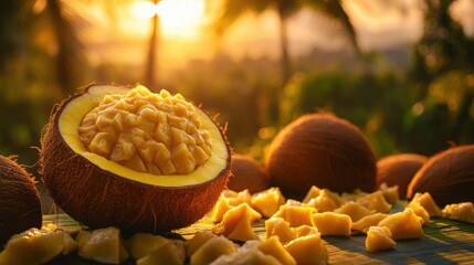 Fresh Tropical Fruit Cut Open with Sunset Background and Palm Trees
