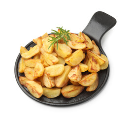 Tasty baked potatoes and rosemary isolated on white
