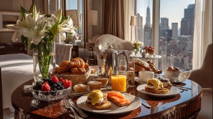 Luxury breakfast with city view