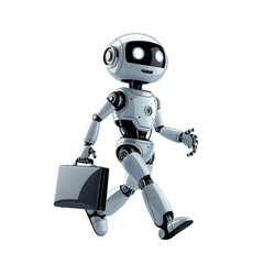 adorable finance robot walking forward with briefcase representing business growth and success isolated on transparent background