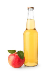 Delicious cider in glass bottle and apple isolated on white