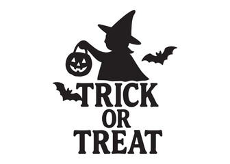 trick or treat logo silhouette vector, trick or treat lettering vector silhouette illustration, children in halloween go trick or treating logo silhouettes vector on white background. 
