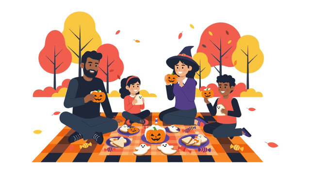 Halloween Family Picnic: Illustration captures a warm family moment on a festive Halloween picnic. This whimsical scene depicts a family sitting on a picnic blanket, surrounded by autumnal trees.