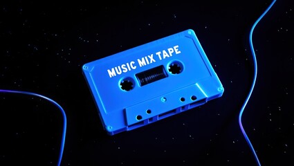 A retro audio cassette tape glowing with blue neon light