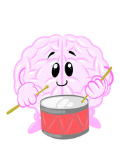 brain playing drum cute brain icon character design