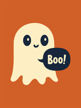 Cute cartoon ghost saying boo isolated on orange background