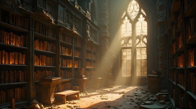 Sunlight Through a Gothic Window in a Ruined Ancient Library