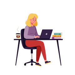 A blonde woman sits at a desk, working on a laptop with a coffee cup and books nearby in a bright, clean illustration.