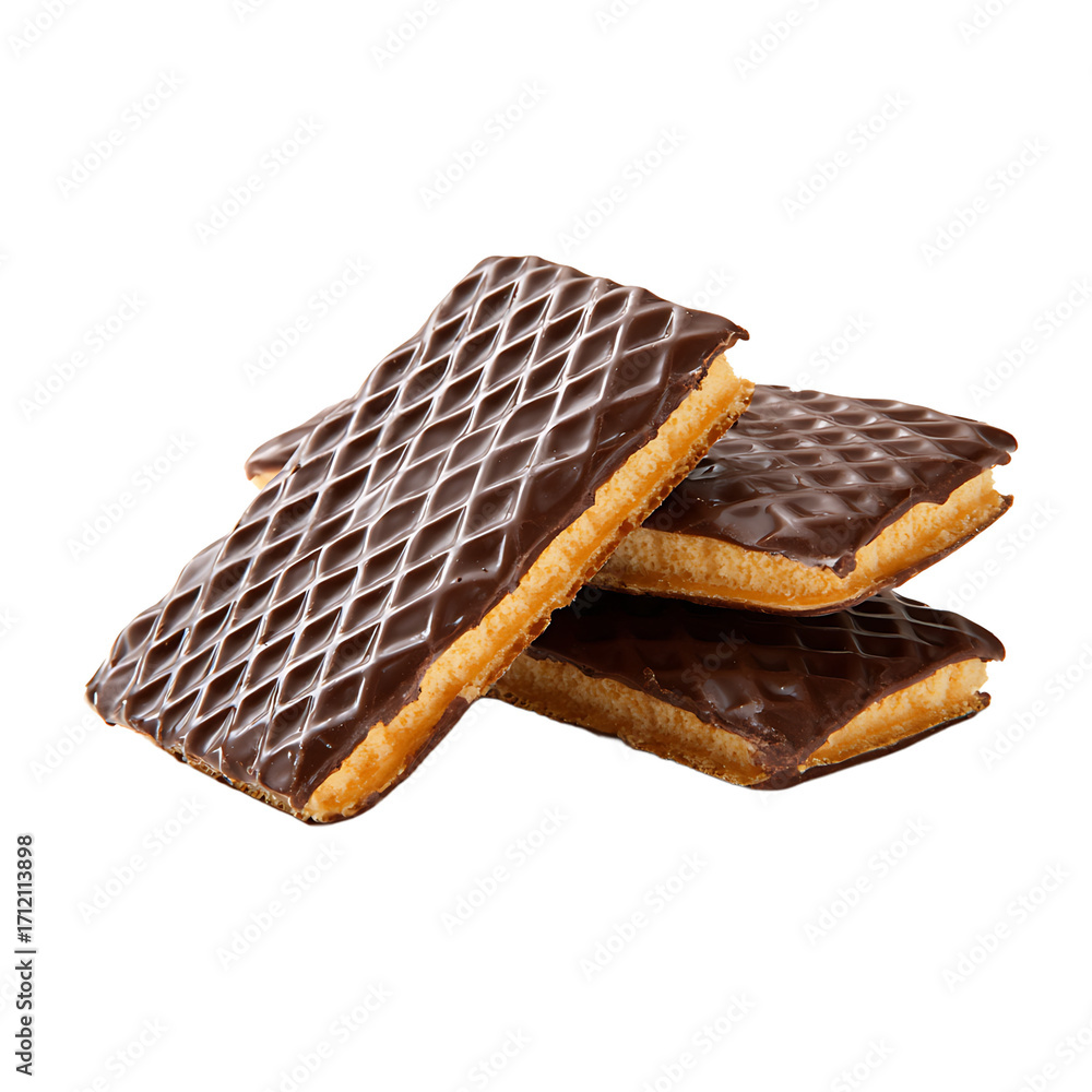Poster Three rectangular chocolate - covered wafer cookies are stacked against a transparent background The cookies have a square grid pattern