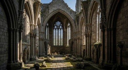 Fototapeta premium Ruined Stone Abbey Interior Featuring Gothic Arches and Windows on a Sunny Day with Grass Growing Inside