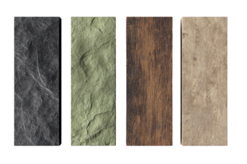 Four textured panels in dark gray, light sage, brown wood, and beige stone