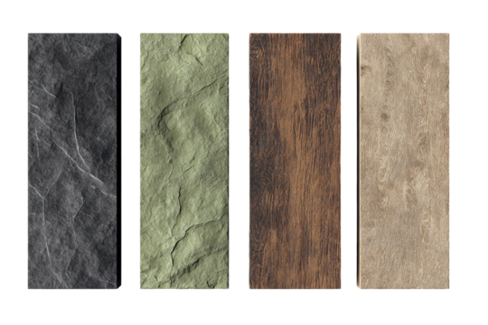 Four textured panels in dark gray, light sage, brown wood, and beige stone
