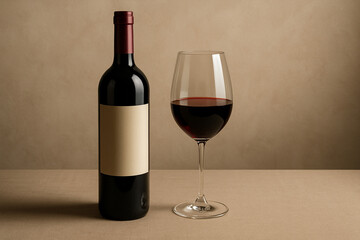 Luxury wine bottle and glass on elegant table.