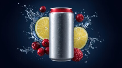 Metallic beverage can surrounded by vibrant fruits and splashes of water on a dark blue background