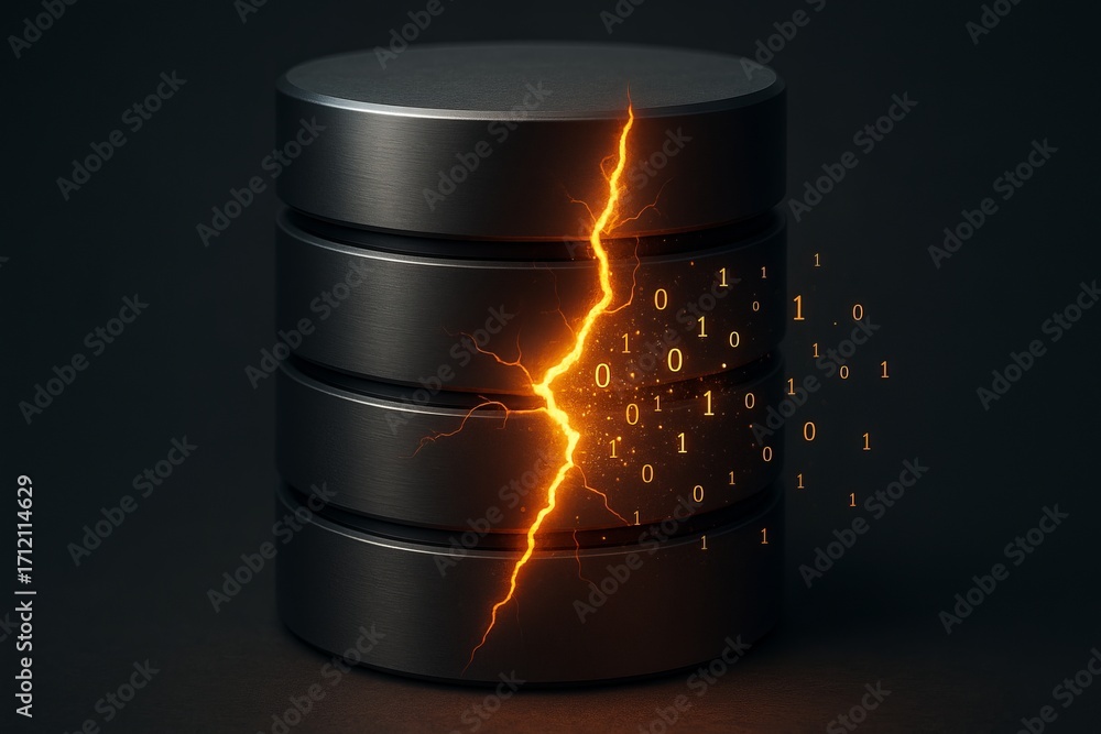Poster cracked database cylinder with glowing binary code