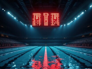 electronic swimming scoreboard glowing above pool in dark stadium
