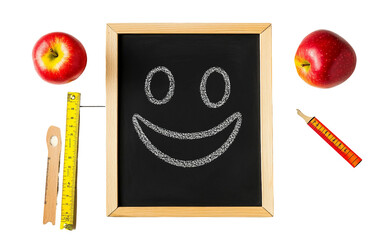 Flat lay image of teaching essentials such as chalkboard eraser and wooden ruler presented in modern minimalist arrangement for education themes isolated on transparent background PNG