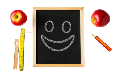 Flat lay image of teaching essentials such as chalkboard eraser and wooden ruler presented in modern minimalist arrangement for education themes isolated on transparent background PNG