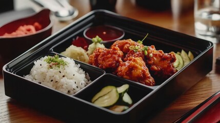 Delicious Japanese Bento Box with Chicken, Rice, and Vegetables
