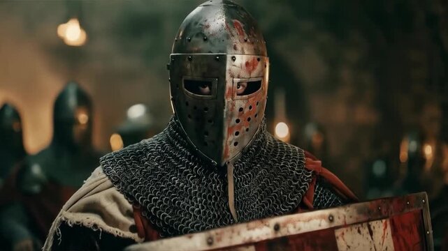 A warrior in bloody armor with a shield and sword in the midst of battle. Suitable for historical films, games, illustrations for books about the Middle Ages, articles about knights, and military reen