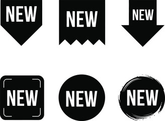 Diverse Set of Black Badges Featuring the Word NEW in White Bold Letters to Highlight Novelty and Promotion