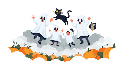 Halloween Scene: A delightful, animated depiction showcases an adorable cat jumping over friendly ghosts and orange pumpkins, evoking the eerie fun of a Halloween night. 