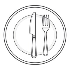 Simple outline illustration of a plate with a knife and fork
