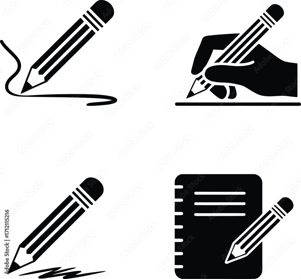Poster writing tools and actions depicted in black and white icons representing composition creation note t