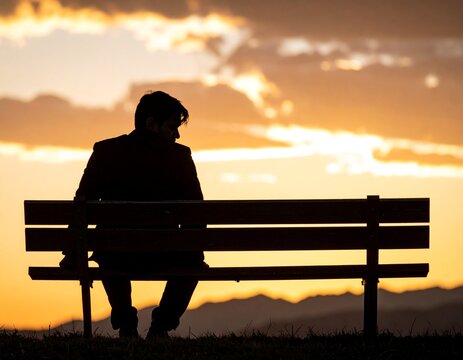 A man in silhouette sits alone on a bench, lonely, solitary.