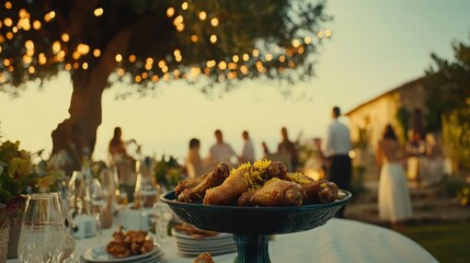 Elegant Outdoor Dinner with Festive Lights and Delicious Food Spread