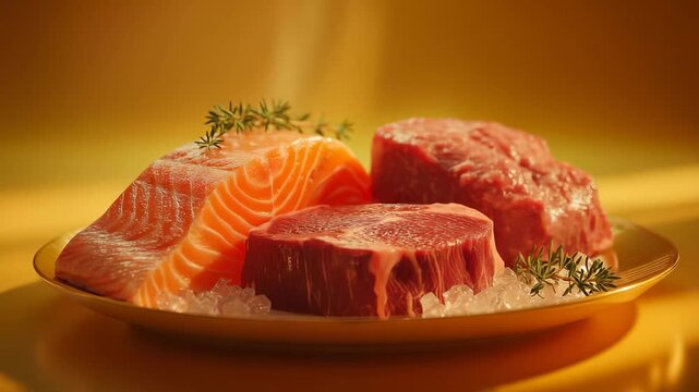 Three different types of meat on a plate. Fresh beef and salmon on a steak. A gourmet appetizing ice cream with raw herbs. A plate with three assorted kinds of meat lifestyle.